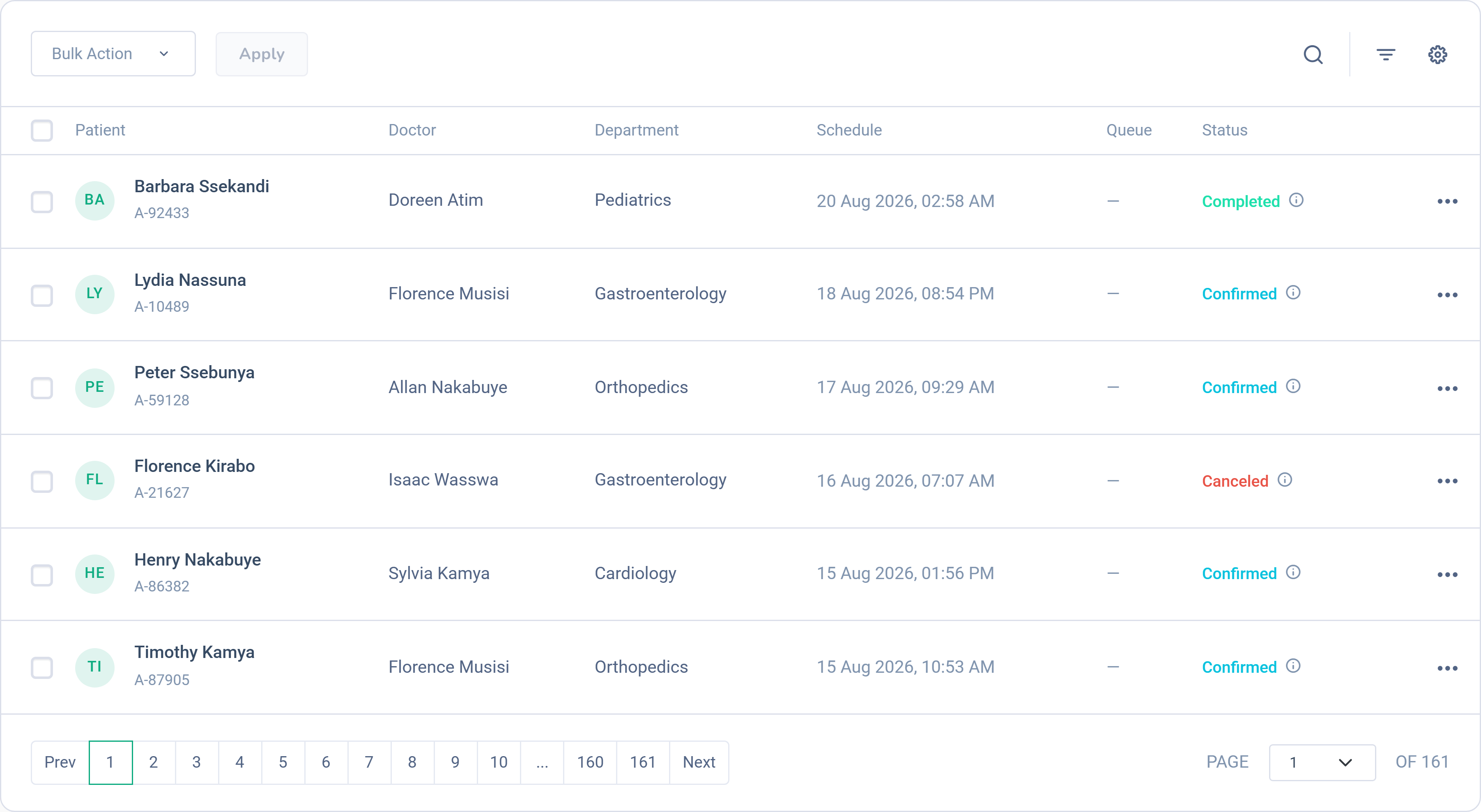 Dashlead appointment list with doctor, schedule, queue number and status