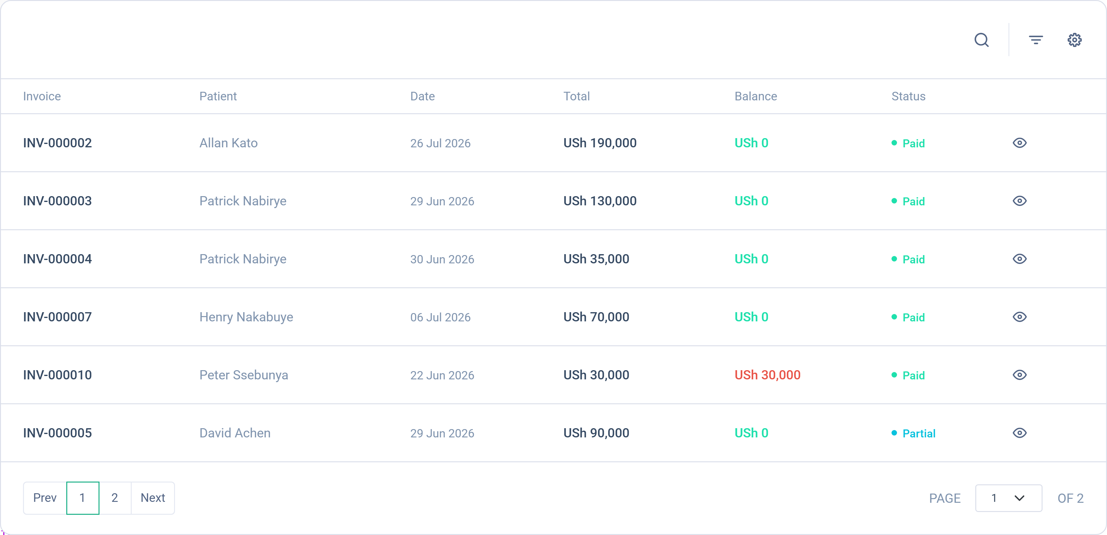 Dashlead patient invoices with totals, balance due and payment status