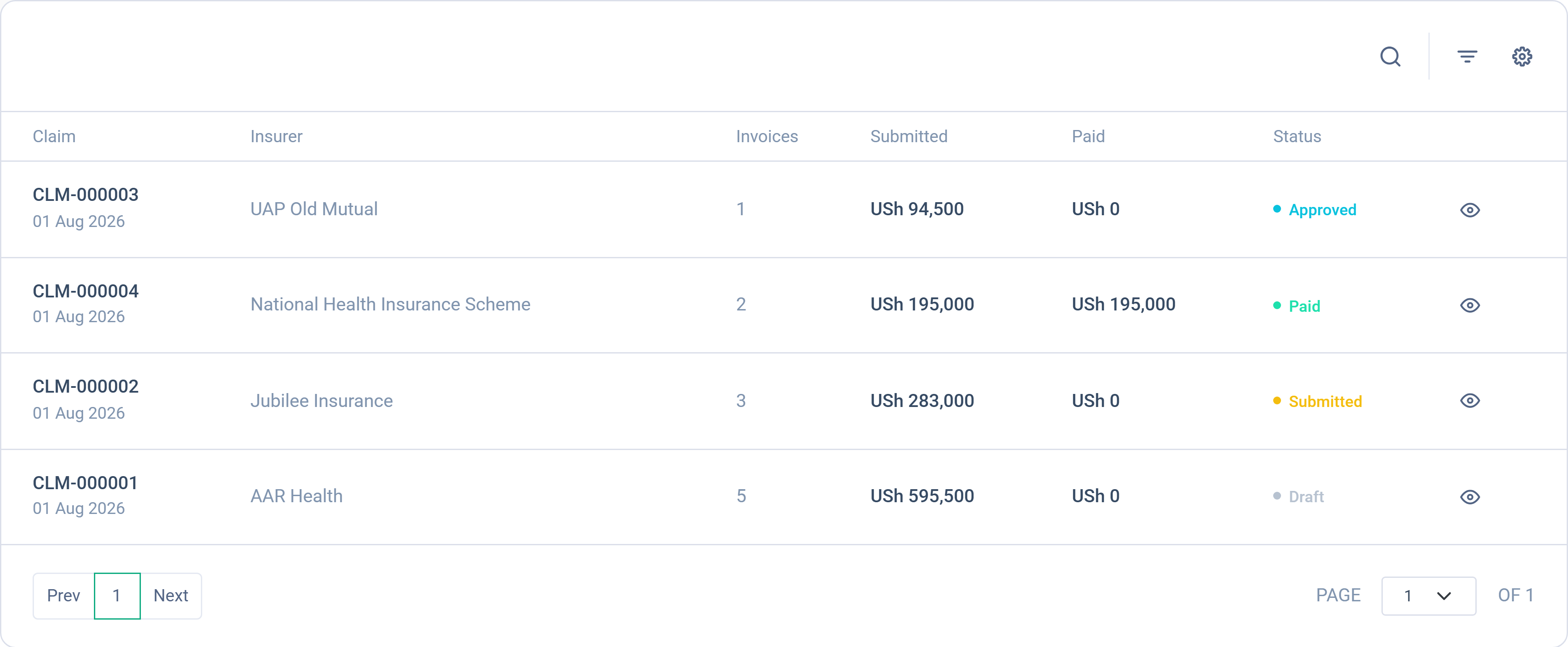 Dashlead insurance claims with insurer, submitted and approved amounts and status