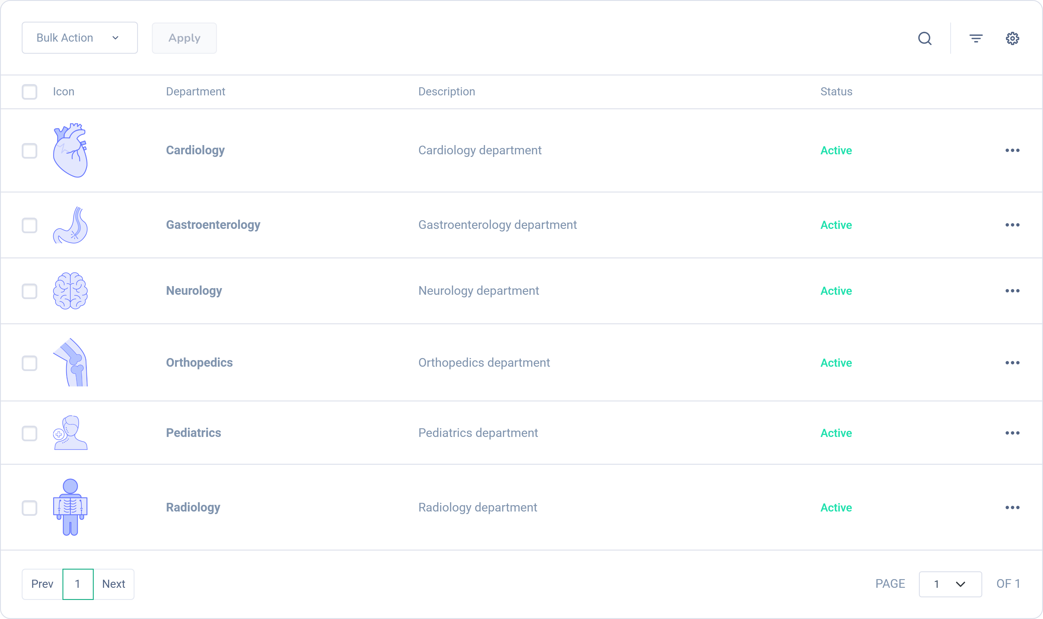 Dashlead hospital departments with their descriptions and status