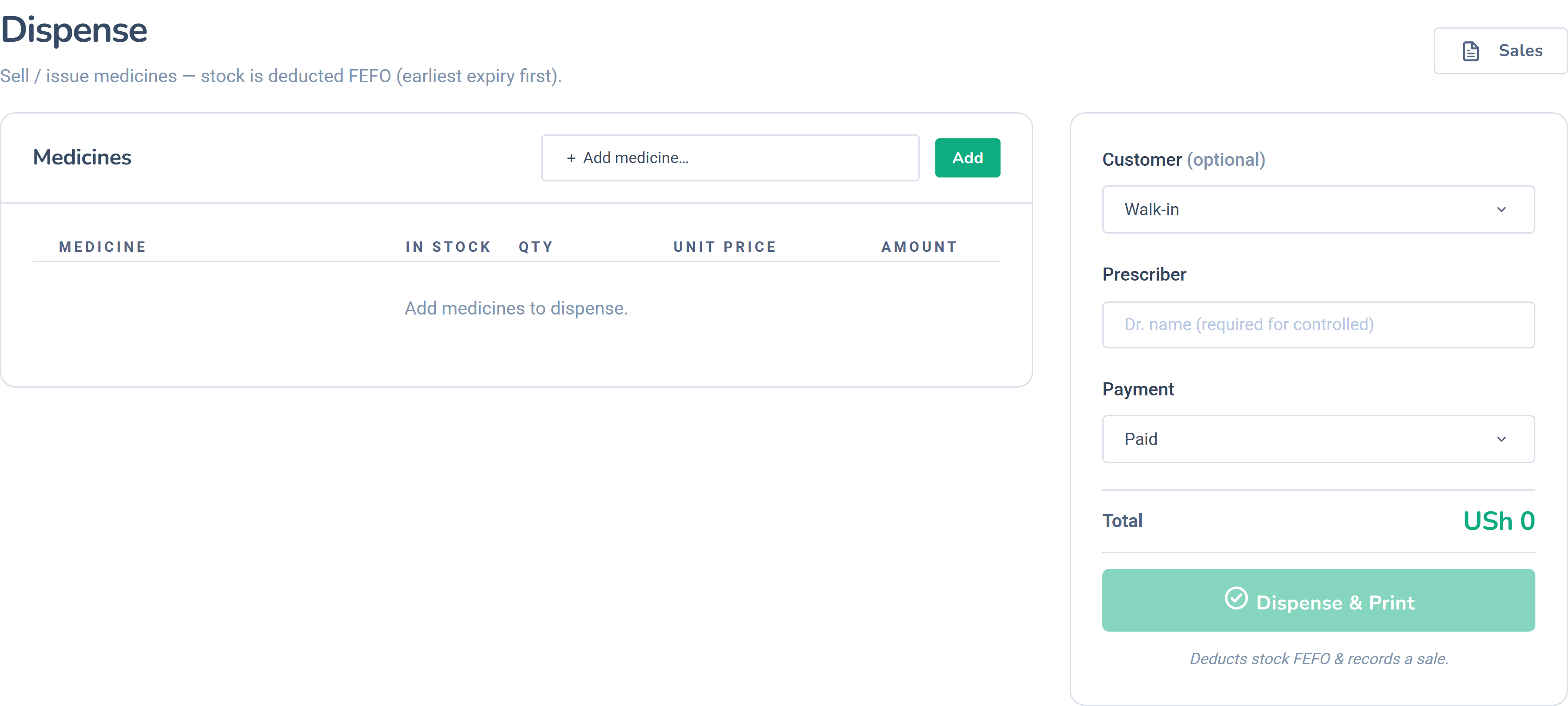 Dashlead pharmacy dispensing screen with prescription lookup and FEFO batch selection