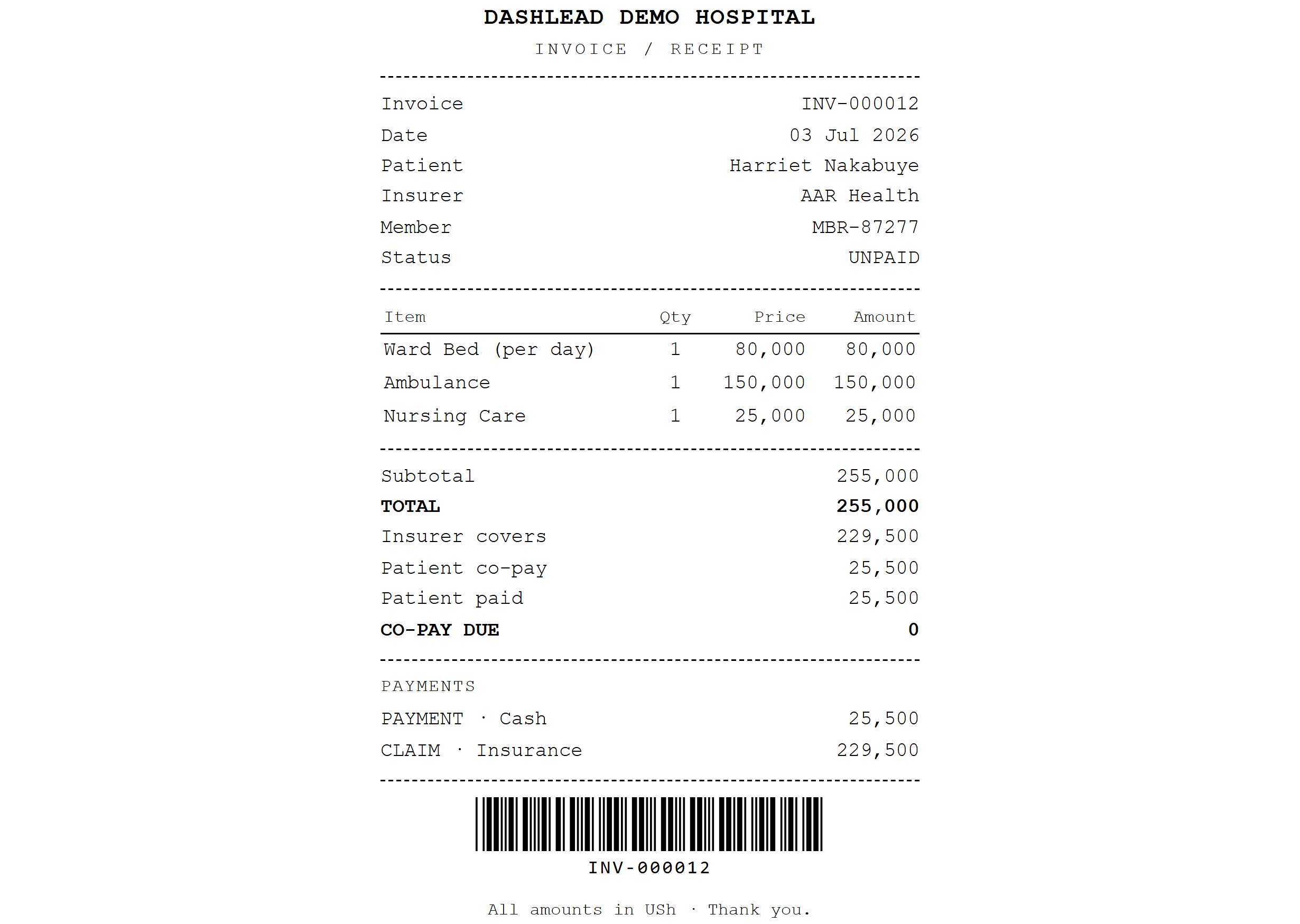 Dashlead printed A4 invoice headed with the facility name, showing itemised charges, insurer and co-pay split and an invoice barcode