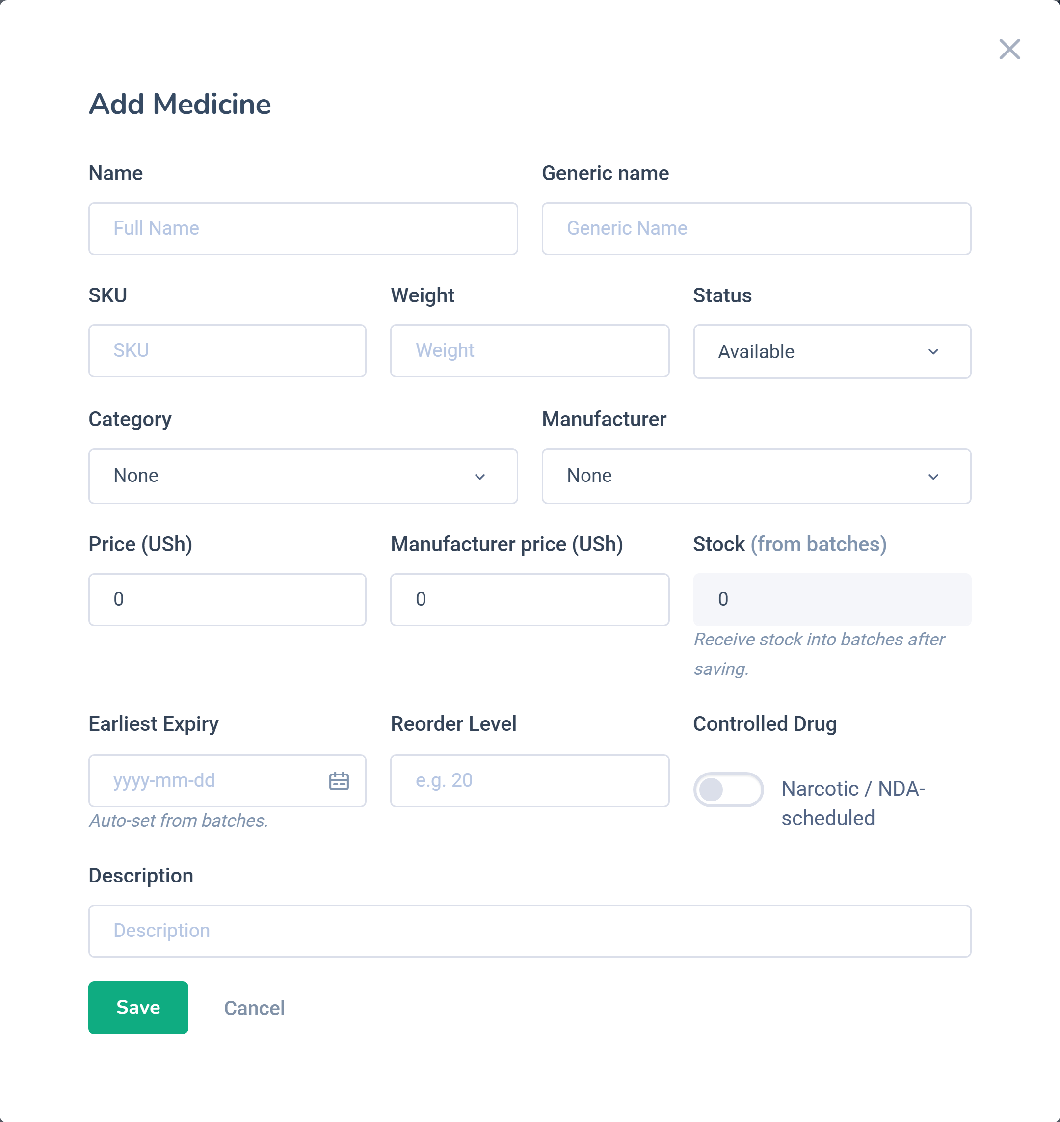 Dashlead add medicine modal with category, manufacturer, price and reorder level
