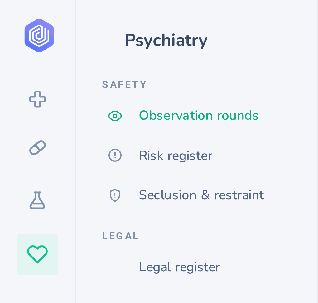 Dashlead psychiatry menu with ward census, observation rounds, risk, restraint and the legal register