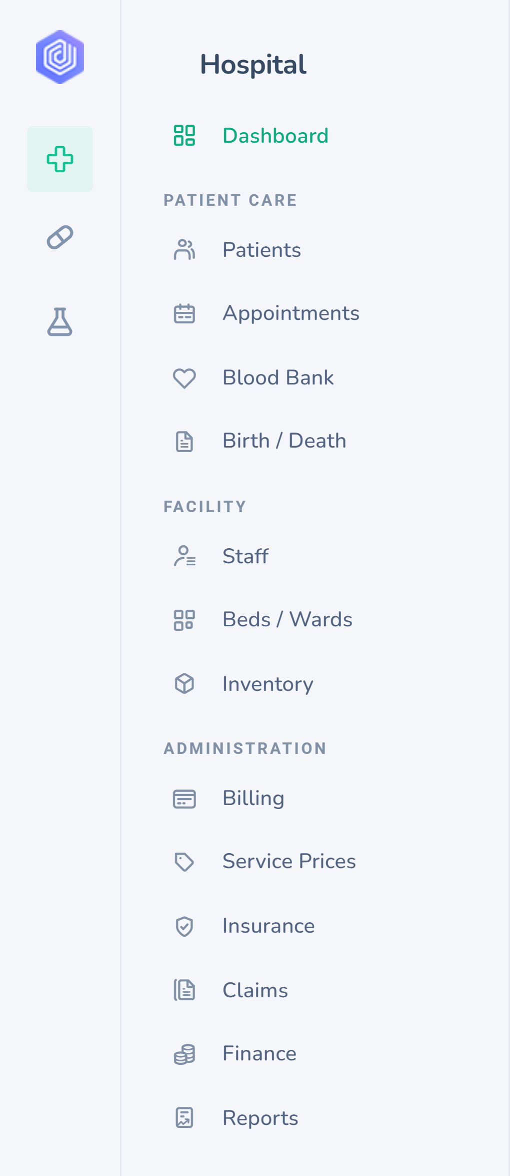 Dashlead hospital menu and the three-app switcher