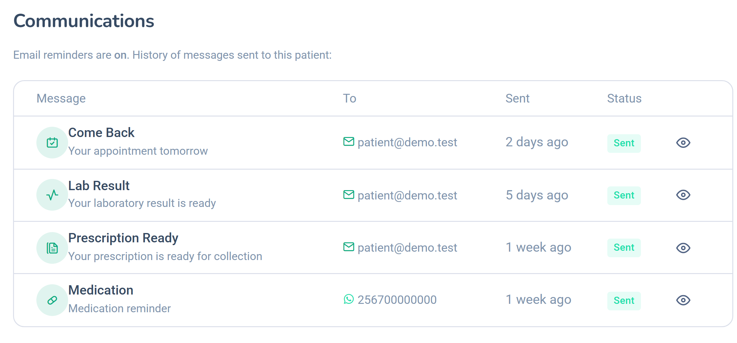 Dashlead communications log showing reminders sent by email and WhatsApp with statuses