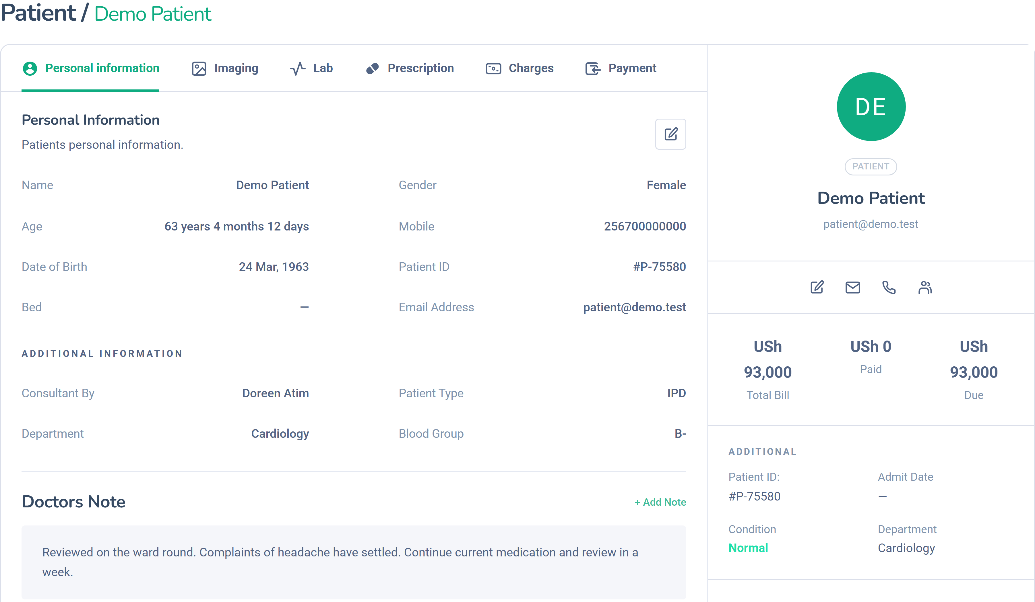 Dashlead patient profile with billing summary, insurance and clinical history