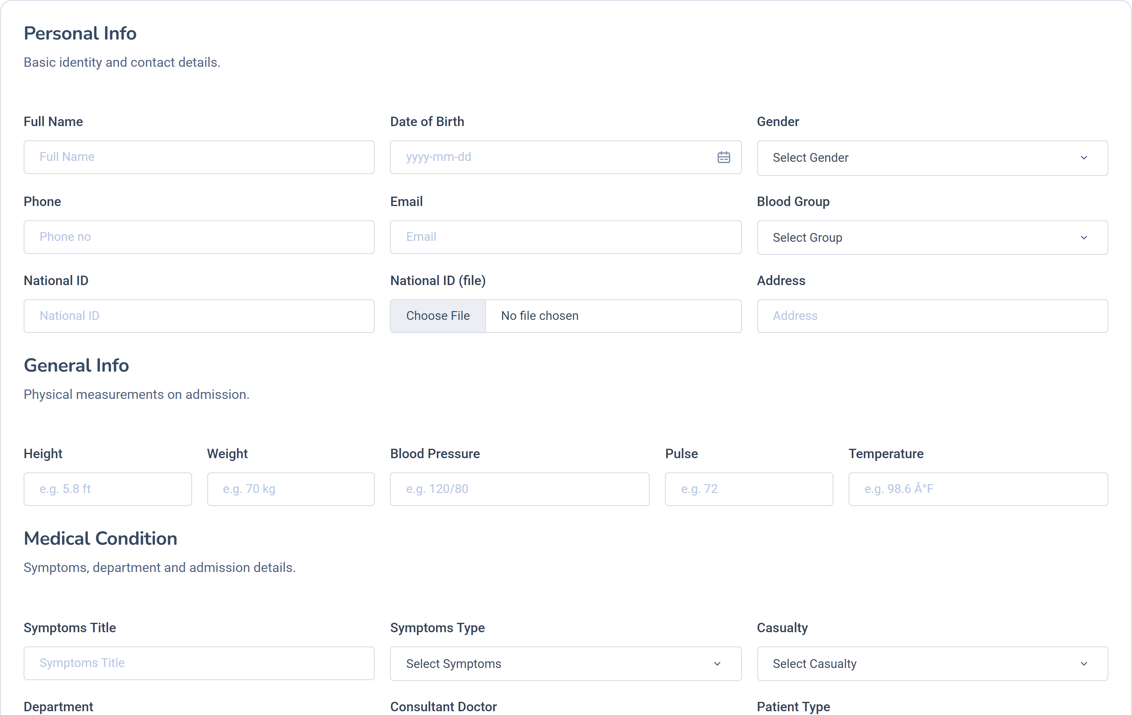 Dashlead new patient registration form with personal, clinical and admission fields