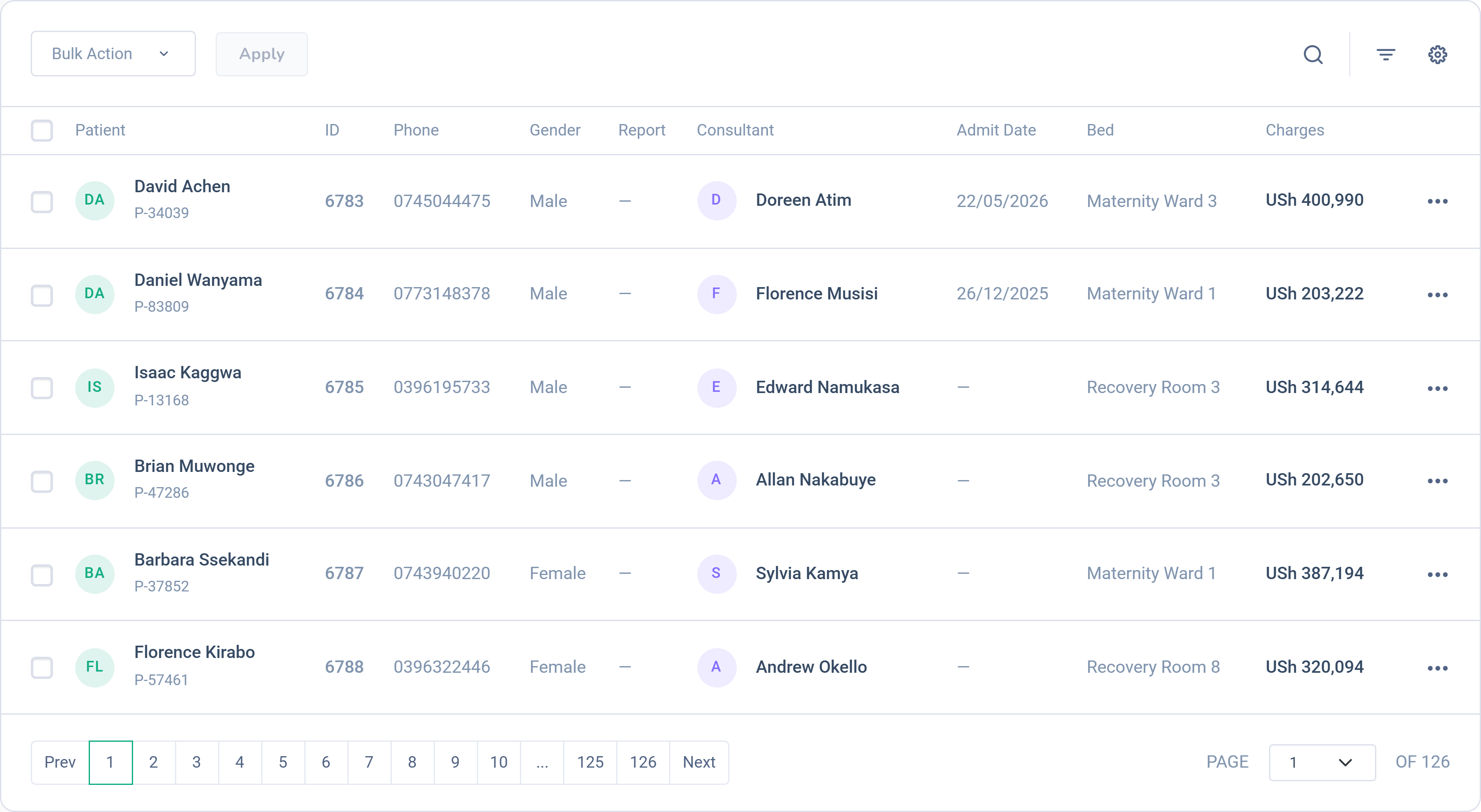 Dashlead patient list with serial numbers, departments, billed totals and status