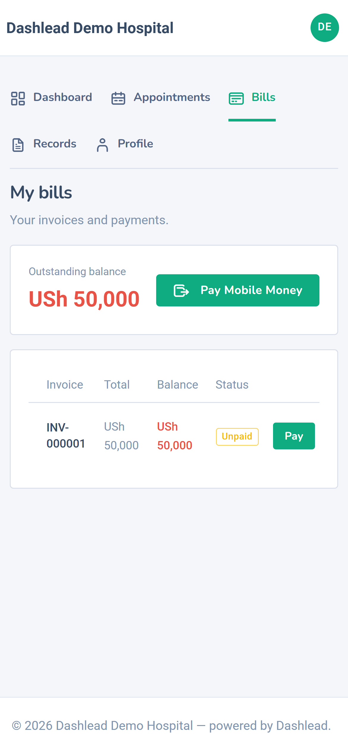 Dashlead patient portal bills with outstanding balance and Mobile Money payment