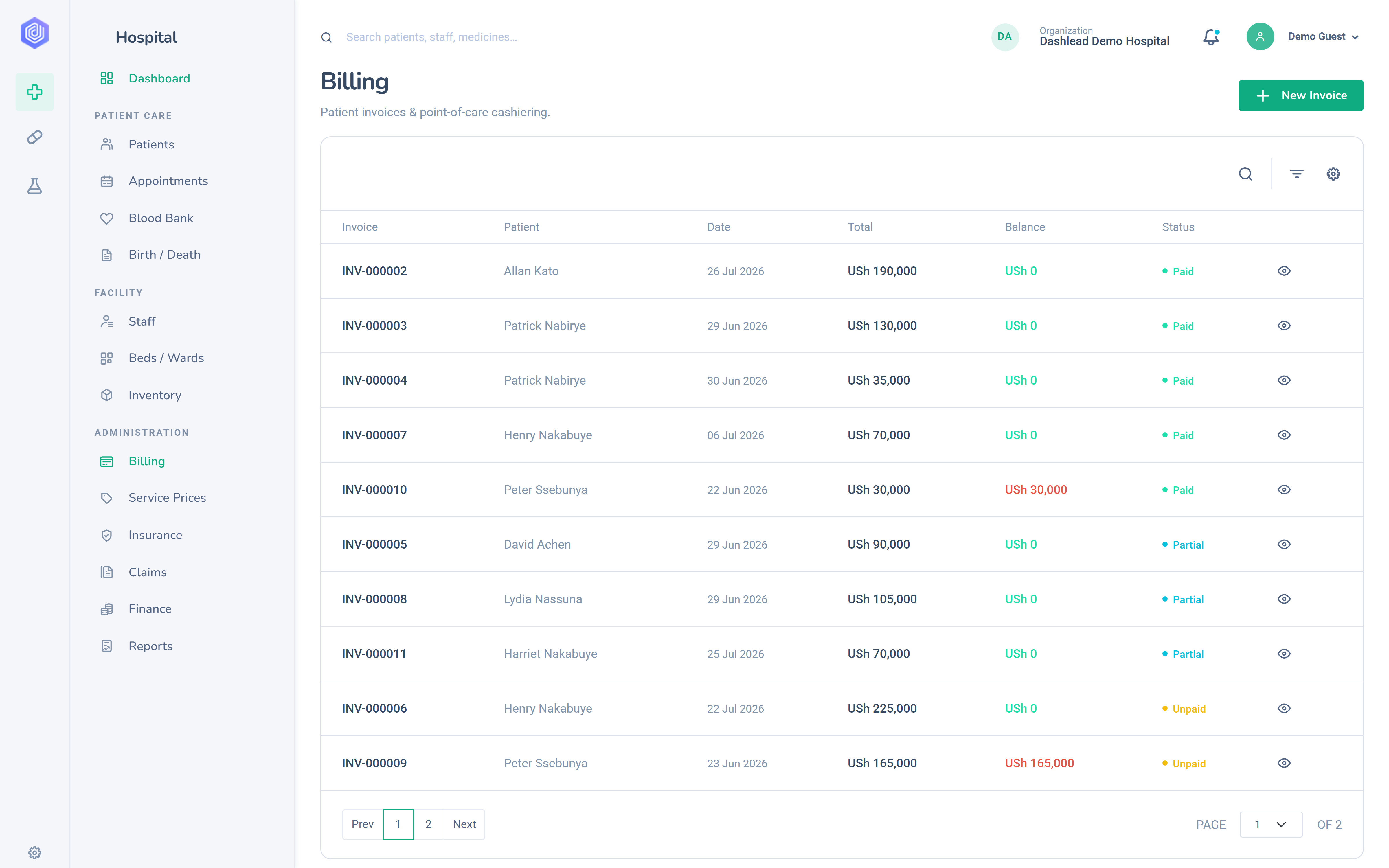 Dashlead billing screen with itemised patient invoices and payment statuses