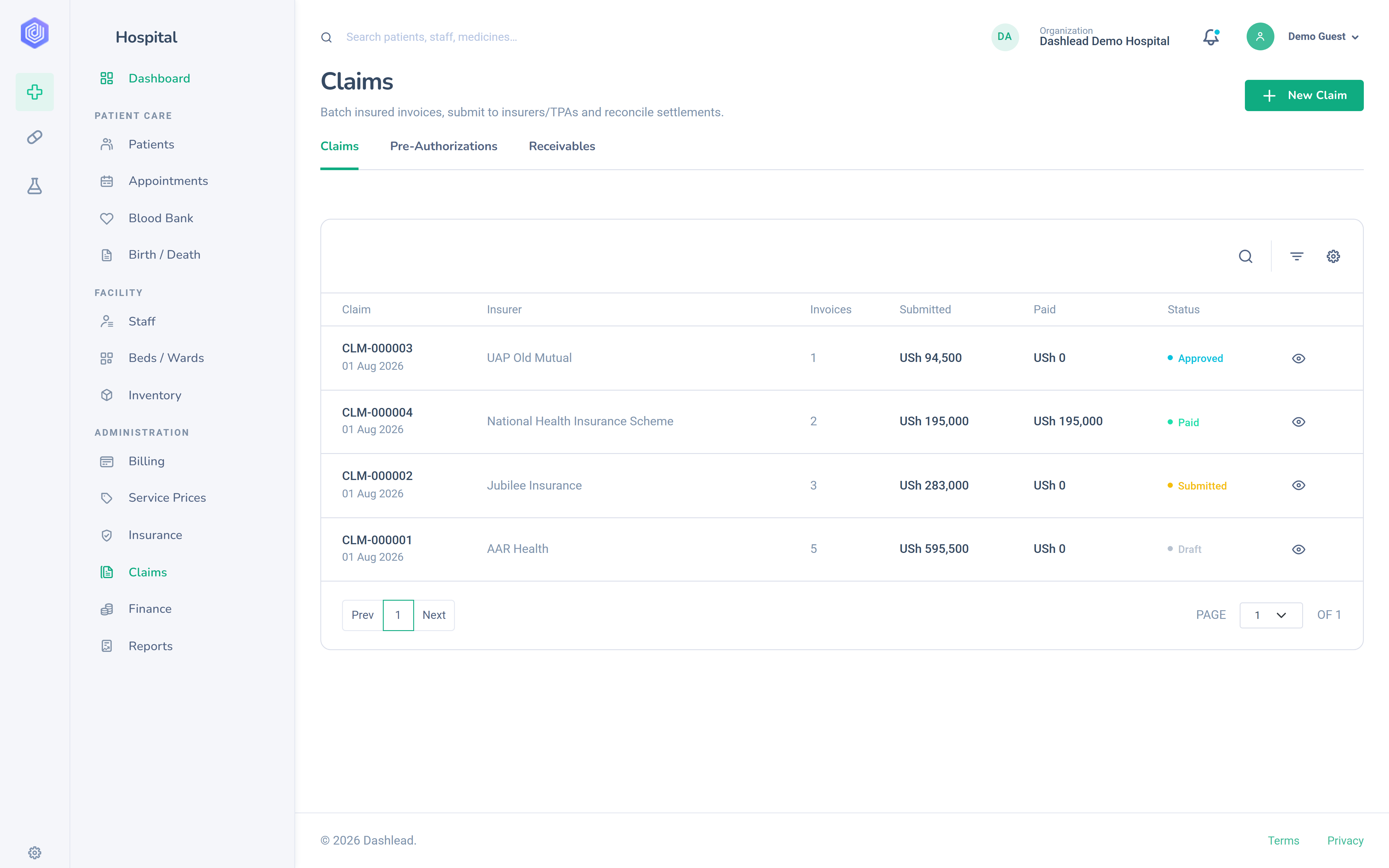 Dashlead insurance claims screen listing claims with statuses and amounts