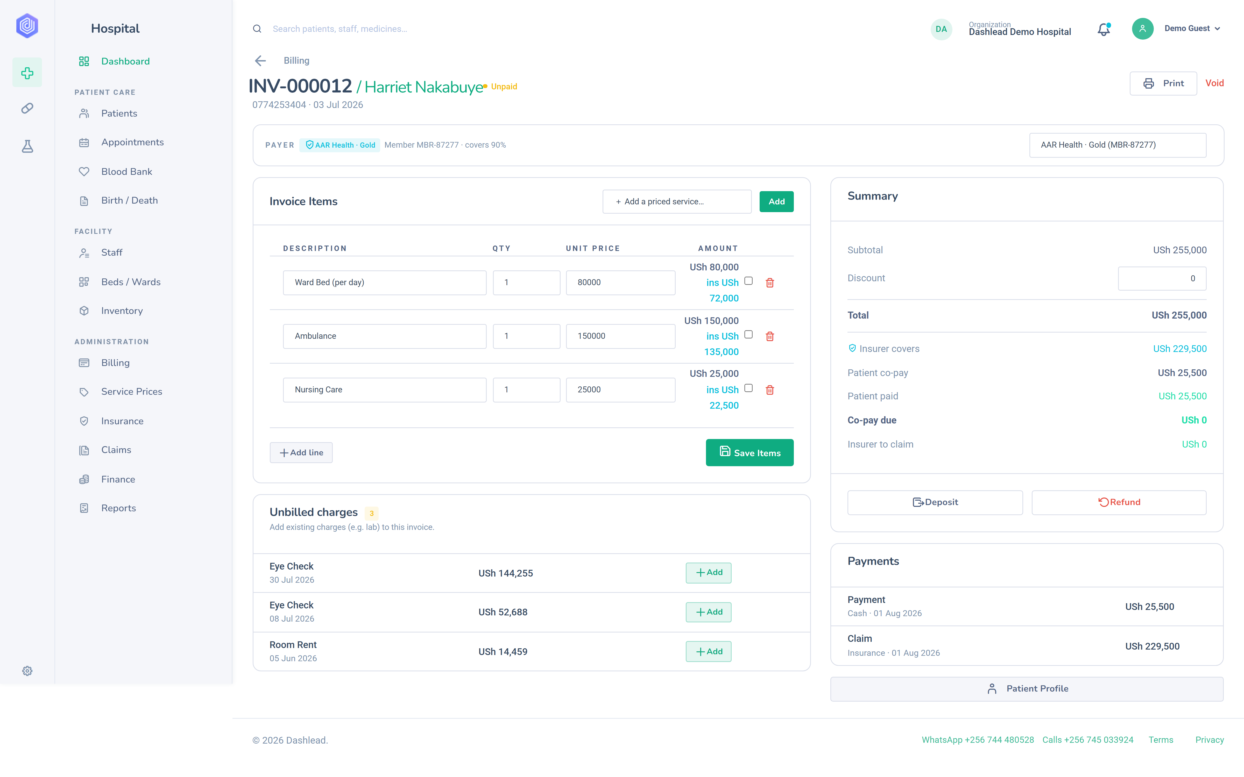 Dashlead invoice showing itemised charges, the insurer and co-pay split, payments already taken and the balance still due