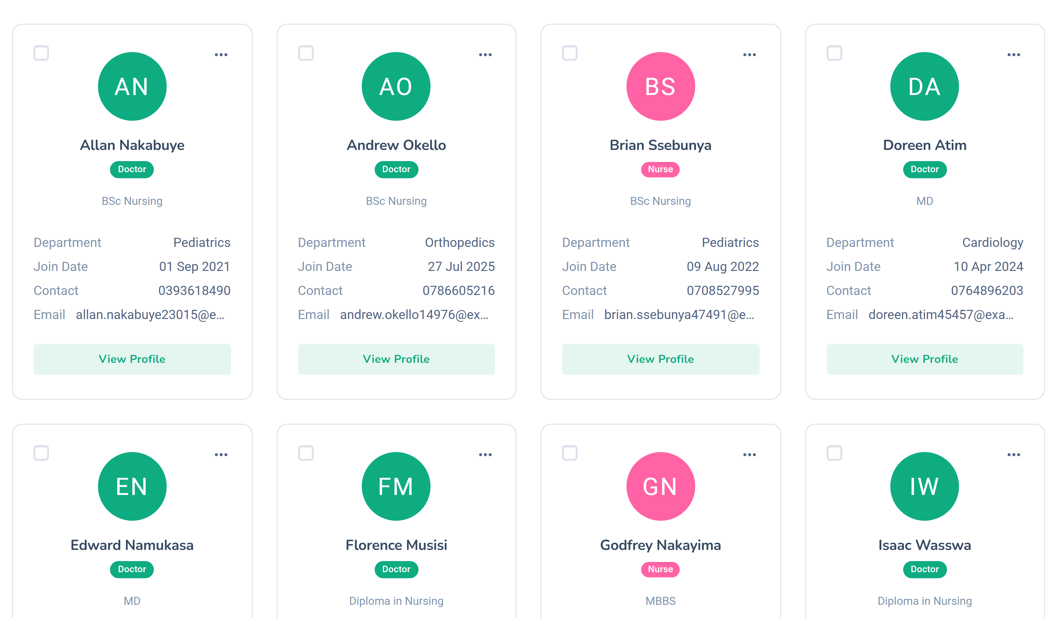 Dashlead staff directory cards with role, department and contact details